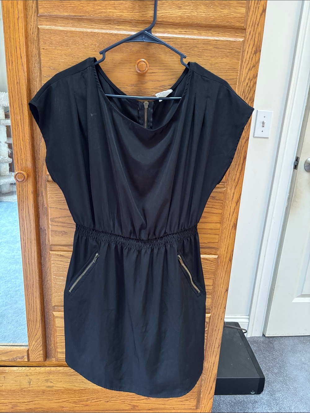 one clothing Black Mini Dress with Elastic Waist & Zip Pockets